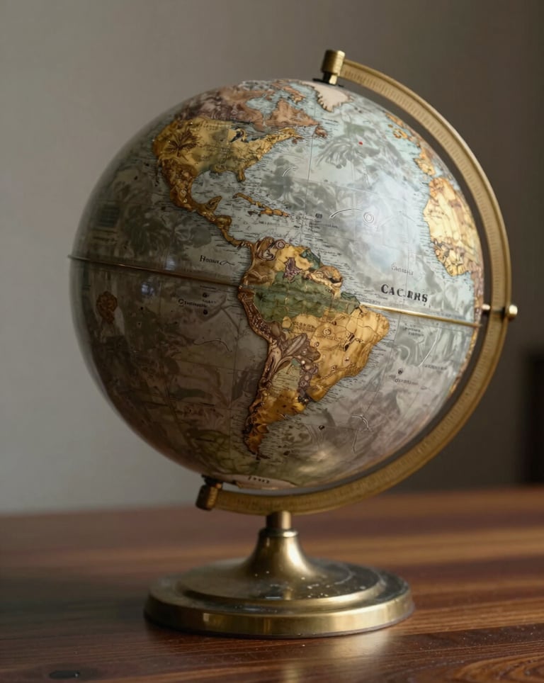 An elegant studio photograph of a classic metallic globe standing on a dark wooden desk. The focus is on the South American continent. Soft lighting highlights the gold and silver details, representing global aspiration.