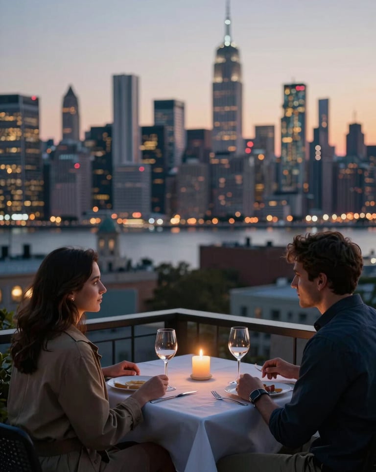 Two travelers enjoying a private dinner on a terrace overlooking a historic city skyline, illuminated by soft candlelight and city lights. North American / International setting.