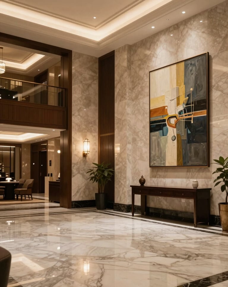 An elegant hotel lobby featuring marble floors, bespoke art pieces, and warm lighting, embodying sophistication and trust. North American / International high-end design.