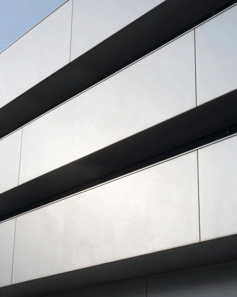 A minimalist and clean aesthetic photo of an architectural detail of a modern tech hub, with sharp angles and metallic surfaces, reflecting a professional and futuristic mood.