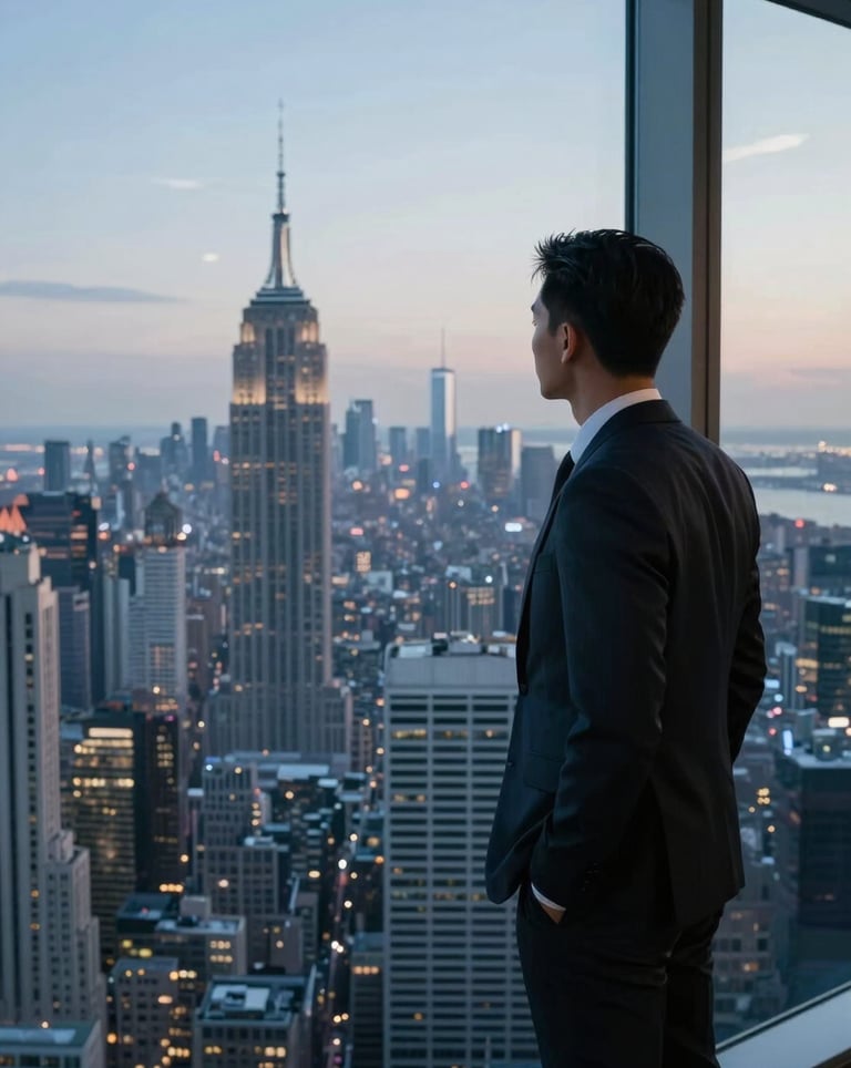 A visionary professional looking out from a high-rise office window at a sprawling metropolitan skyline during twilight, dark blue and light gray color palette.