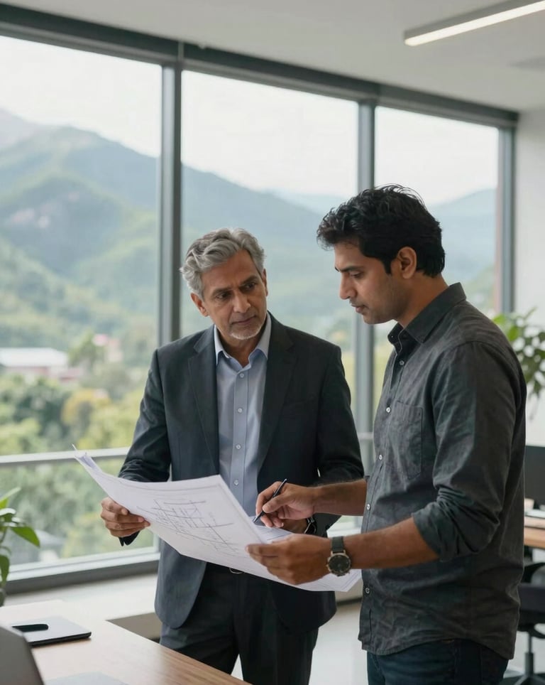 A professional South Asian / Indian architect and developer discussing blueprints in a bright, modern office with large windows overlooking a green mountain range. Soft natural lighting, premium atmosphere.