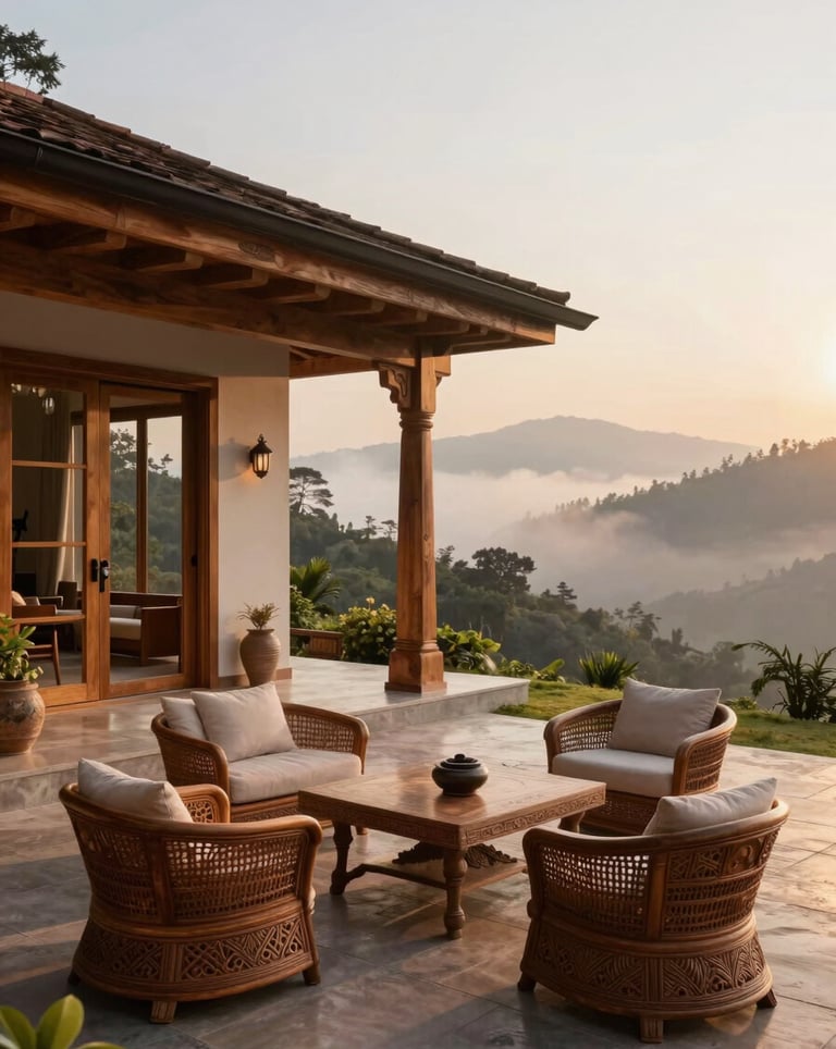 A serene, sun-drenched outdoor patio of a luxury hill residence, featuring warm wood textures and South Asian / Indian artisanal furniture, looking out onto a misty mountain sunrise.