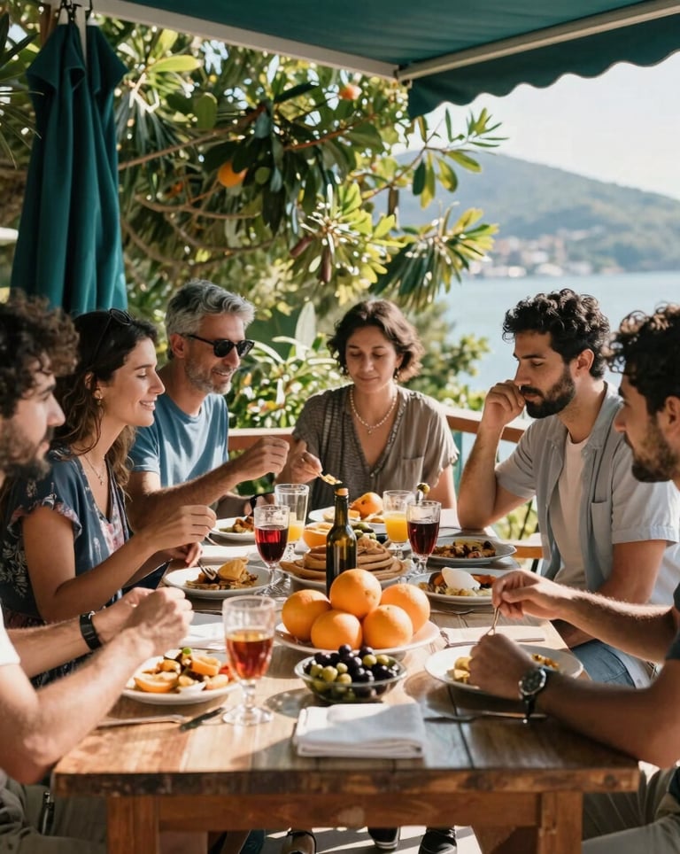 Candid photography of friends from the Turkish Riviera / European expat and tourist community sharing a rustic Mediterranean brunch on a sunny terrace in Gazipasa. Fresh oranges, olives, and bread are on the table, surrounded by lush green foliage and deep pine teal decor elements.