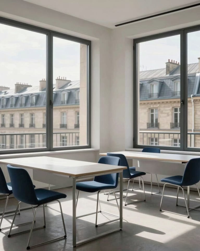 Photography of a sun-drenched, minimalist office space in Paris with large windows and a view of Haussmann buildings. Modern furniture in steel blue and light gray. European / French professional setting.