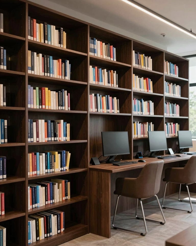 An interior shot of a modern, well-organized school library in Calabar with shelves full of books and a computer station. The design is minimalist and professional, utilizing dark brown and muted gold accents.