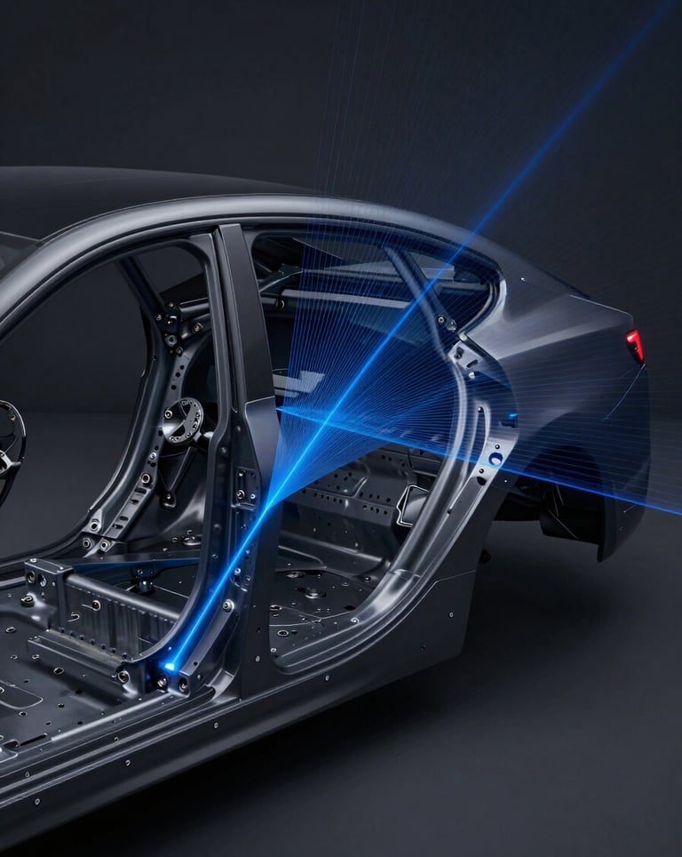 Abstract LiDAR laser scanning visualization of a sleek automotive frame, electric blue points on a deep charcoal background, technical and high-end.