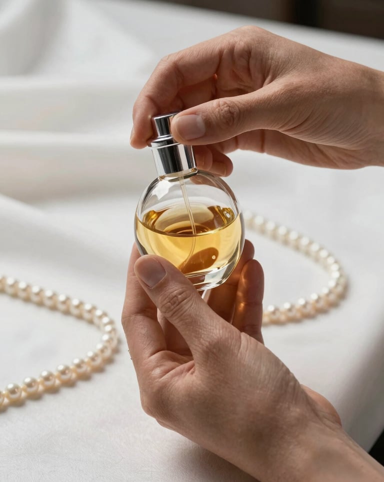 The delicate hands of a perfume maker holding a crystal flask against a background of pearl white fabric, focused on the golden liquid, elegant and sophisticated composition.