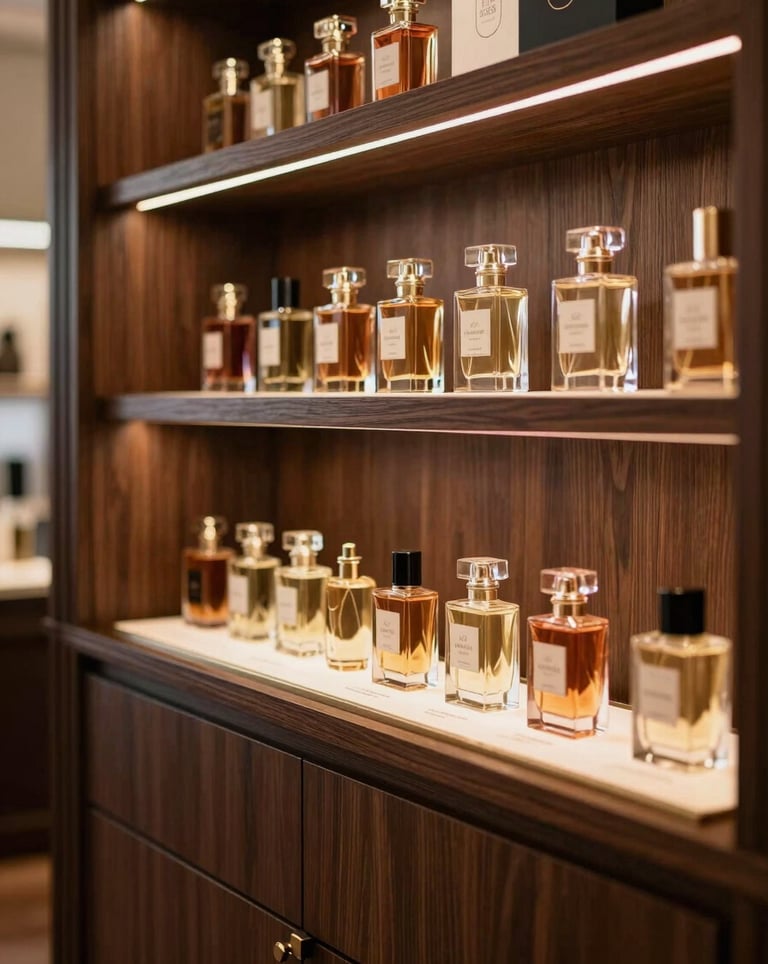 An upscale Parisian boutique interior with dark wood shelving and soft warm lighting, showing a row of elegant perfume bottles on a display case, sophisticated European style.