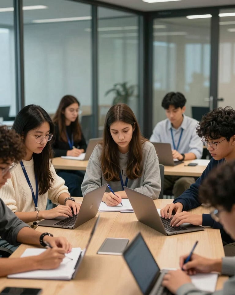 A group of teenage students from diverse backgrounds participating in a workshop within a modern, glass-walled conference room in a North American / US corporate setting.
