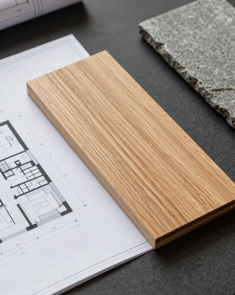 Top-down view of an architectural blueprint and a sample of light oak wood and grey stone on a dark desktop. Professional and minimalist development planning scene.