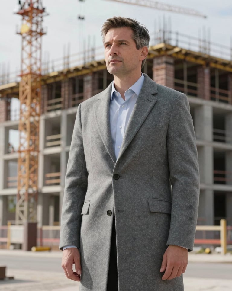 A professional real estate developer in a grey wool coat standing in front of a modern construction project in a Northern European urban setting. Clean, minimalist composition.