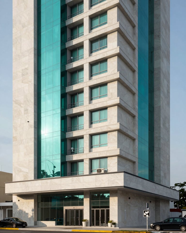 Exterior architectural rendering of MB Medical Tower in Mérida, North American / Mexican (Yucatán), focusing on its high-tech, modern design with accents in Ocean Teal and clean Frosty White stone.