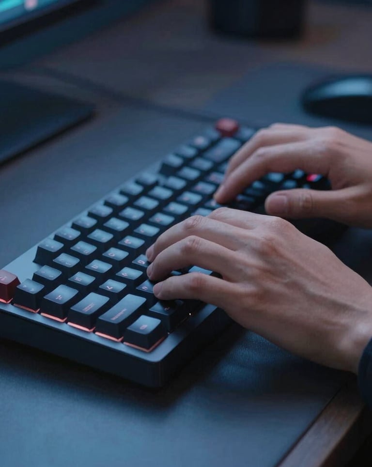 A close-up shot of a developer's hands typing on a high-end mechanical keyboard in a professional workspace, with soft blue and navy lighting.