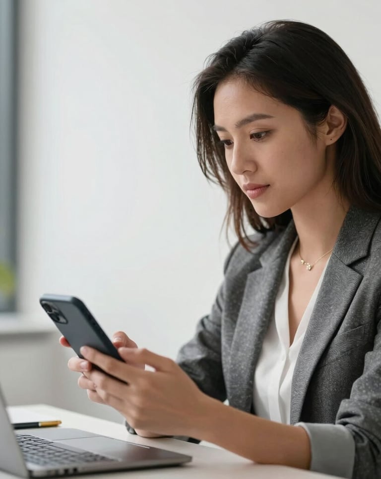 A professional woman in a North American business setting using a mobile app to manage projects, with natural light and a clean white office background.