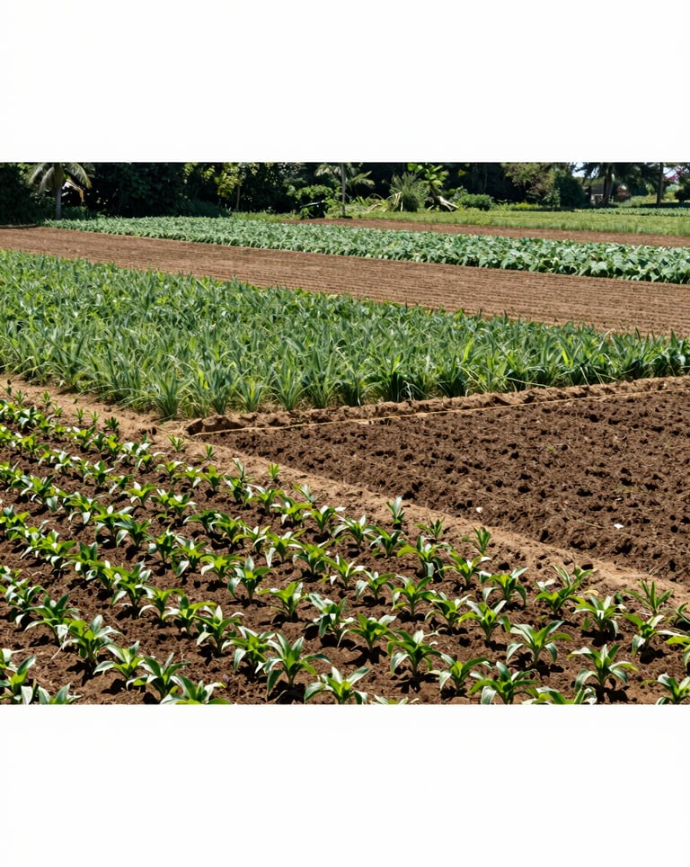 A majestic landscape photograph of regenerative farmland with diverse crop rotation and healthy soil. The composition is balanced and peaceful, showing environmental stewardship. International / Global.
