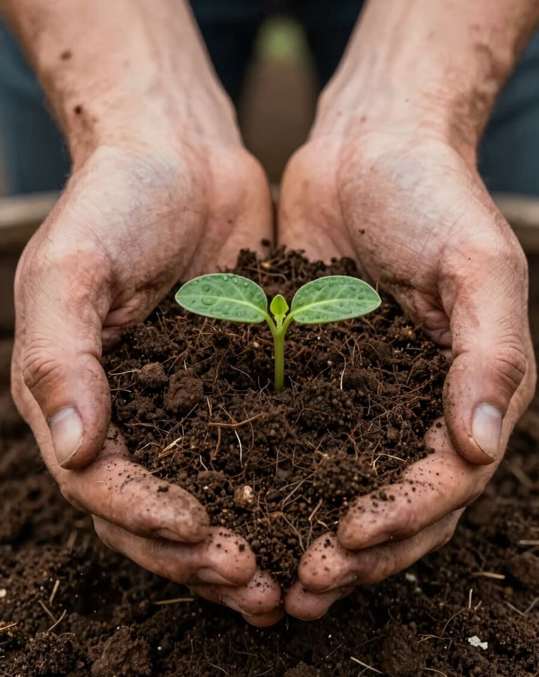 A close-up photograph of a pair of calloused, experienced hands gently cradling dark, fertile soil and a tiny green seedling. The focus is sharp on the texture of the soil. International / Global.