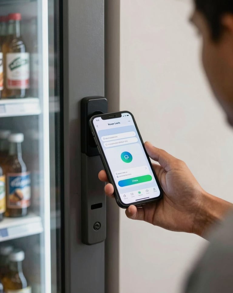 A resident in a modern South American / Brazilian apartment complex using a mobile app to unlock a mini-market door, displaying a seamless user experience and modern technology.