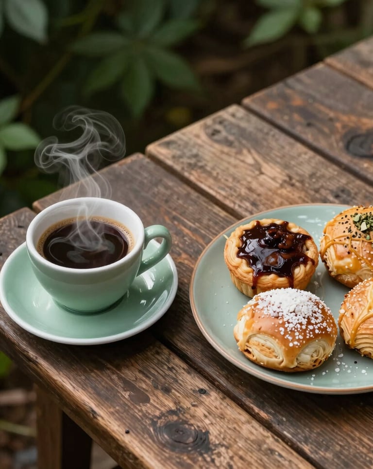 A top-down view of a rustic wooden table featuring a steaming cup of artisan coffee and a plate of fresh local pastries, with forest green and sage green accents in the background.