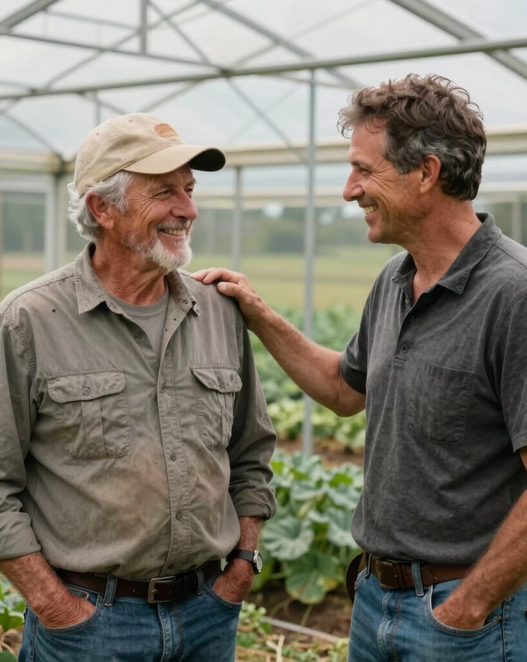 A genuine, heartfelt photograph of two farmers smiling and sharing a supportive conversation next to a high tunnel greenhouse on a small farm in Northwest Arkansas. Earthy green surroundings, soft natural lighting, reflecting community connection and mutual support.