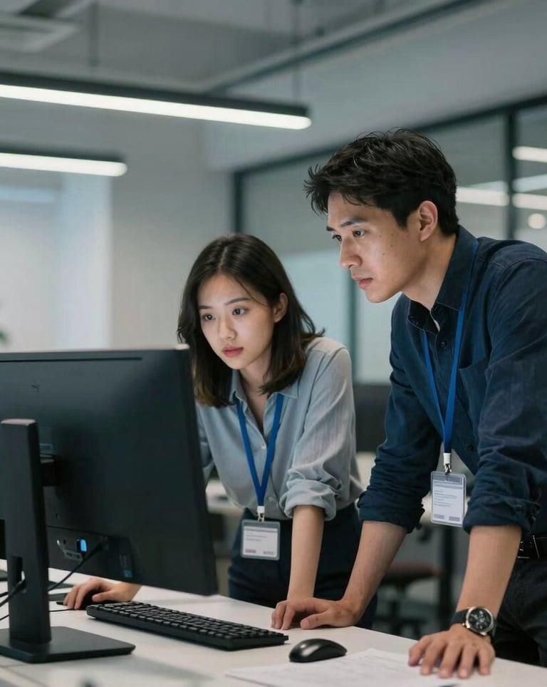 A candid photograph of two professionals in a modern North American office collaborating over a large monitor. The lighting is crisp and cool, highlighting the focused, innovative atmosphere of a high-end development agency.