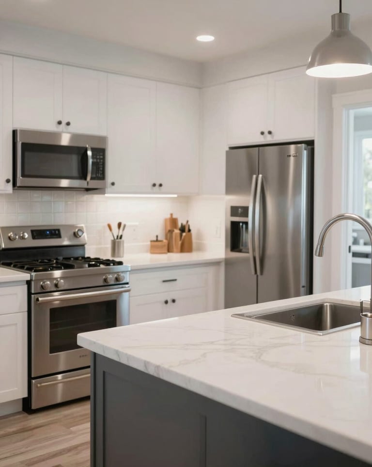 Interior of a modern North American kitchen featuring white marble countertops, stainless steel appliances, and a bright, airy open-concept layout.