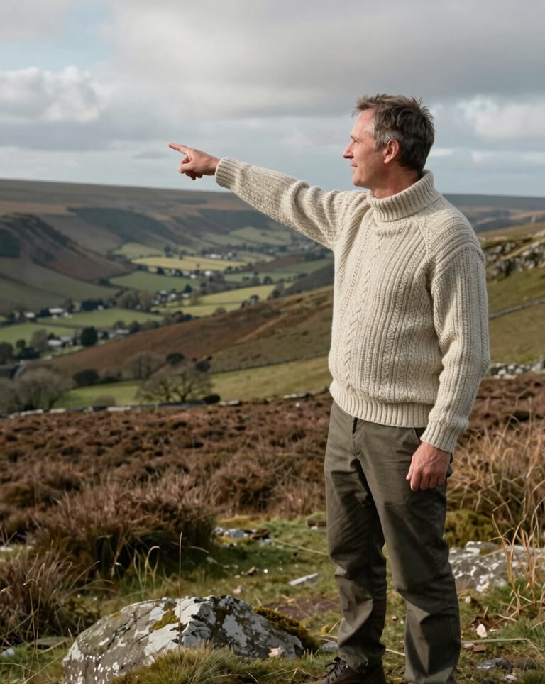 A friendly local guide wearing a thick wool sweater standing on a hillside in a Northern European / British / Yorkshire moorland setting, pointing out a view toward a distant valley.
