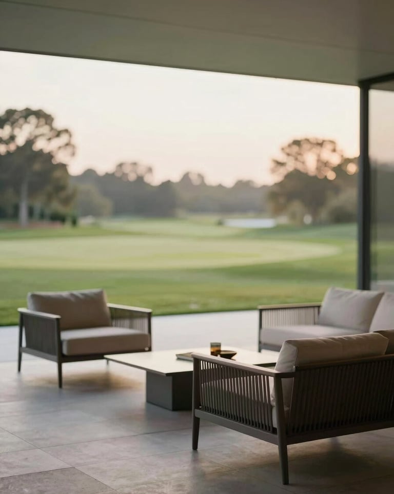 Modern minimalist terrace with high-quality outdoor furniture, overlooking a golf course. Soft morning light, luxury real estate style.