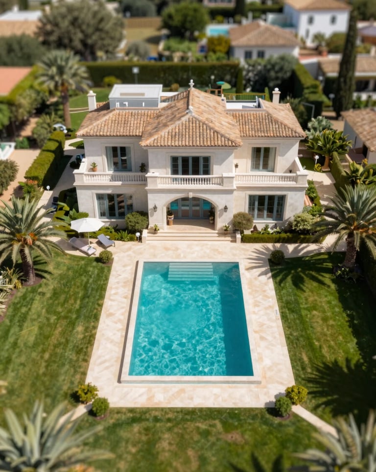Aerial shot of a luxury estate with a manicured garden and private pool in the Algarve. Bright daylight, clear water, sophisticated atmosphere.