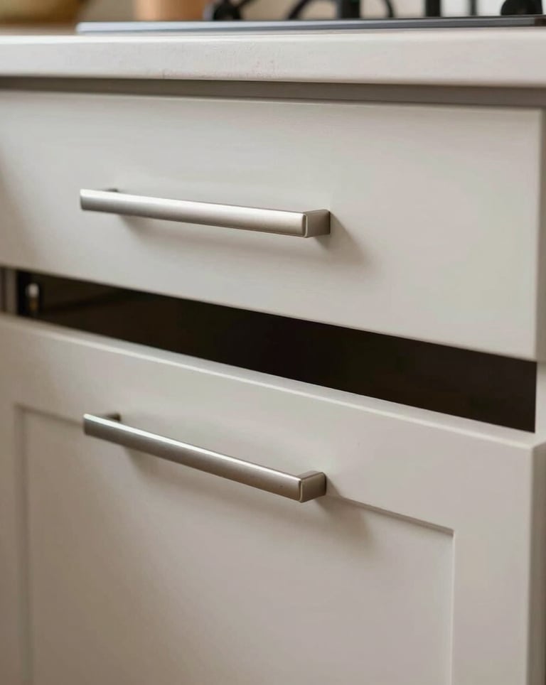 Close-up of premium custom kitchen cabinetry with soft-close mechanisms and sleek hidden handles, showcasing high-end craftsmanship in a Californian home.