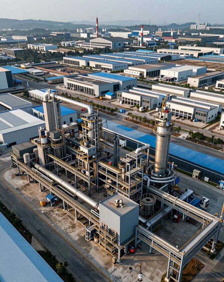 An aerial photograph of a sprawling modern industrial manufacturing district in Guangdong during an International / Business afternoon, showcasing the scale of production in soft slate blue tones.