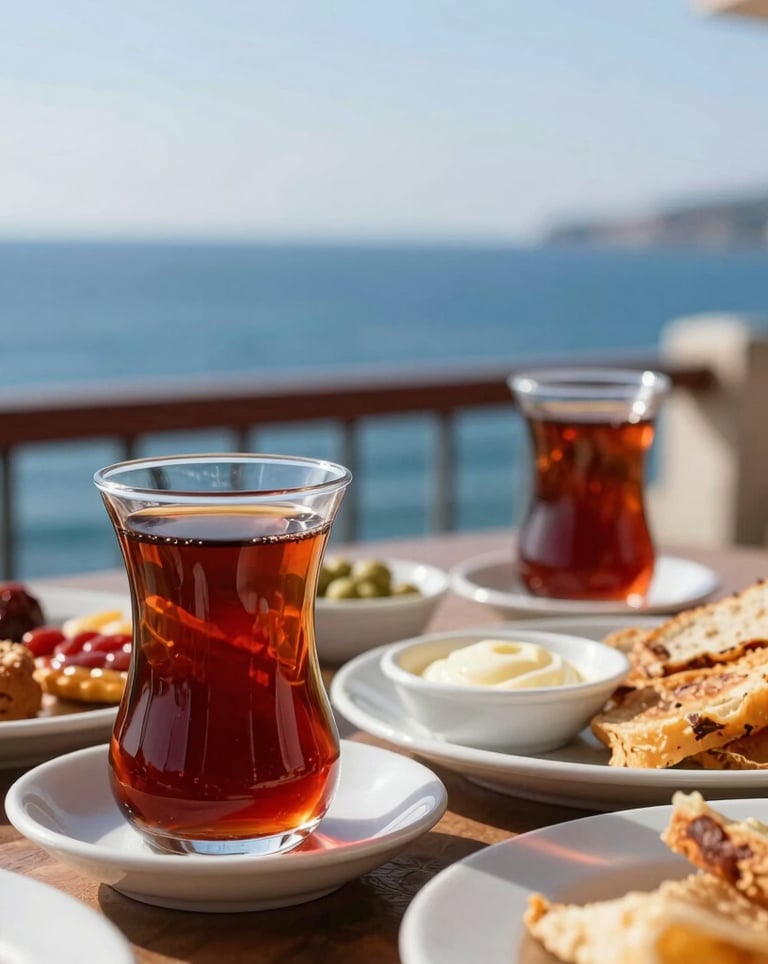 A close-up of a traditional Turkish breakfast spread with a tulip-shaped glass of dark red tea, served on a balcony with the deep blue Black Sea in the background. The lighting is warm and welcoming.