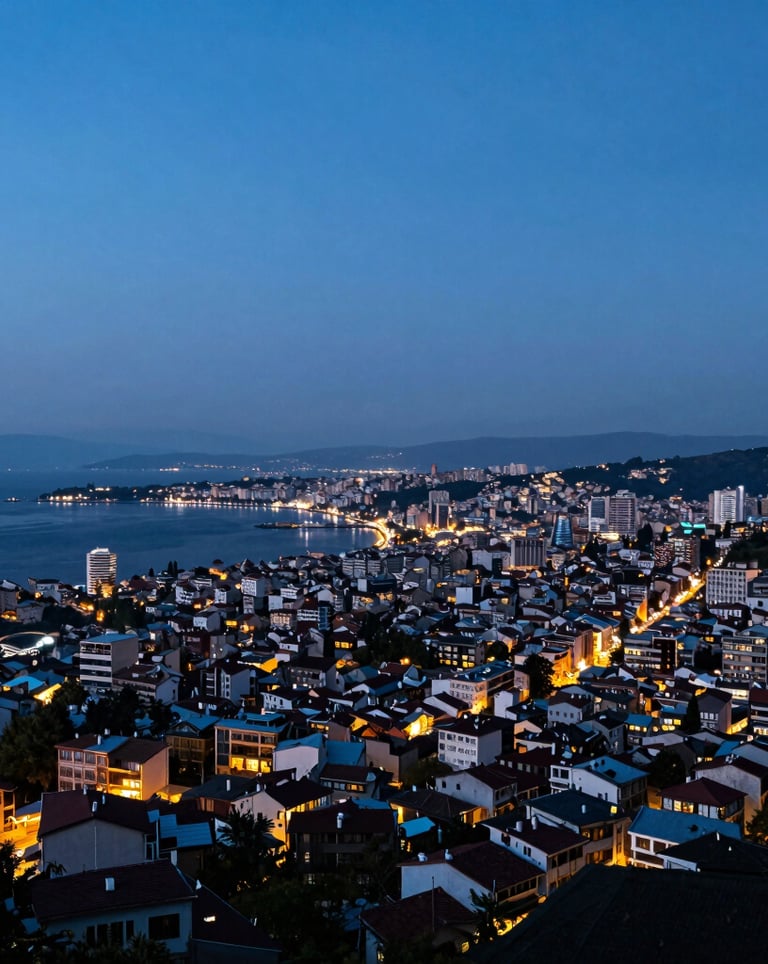 A wide landscape shot of Trabzon city at dusk from Boztepe Hill, showing the city lights reflecting on the Black Sea. The composition is professional and inspiring, with sky blue and dark blue hues.