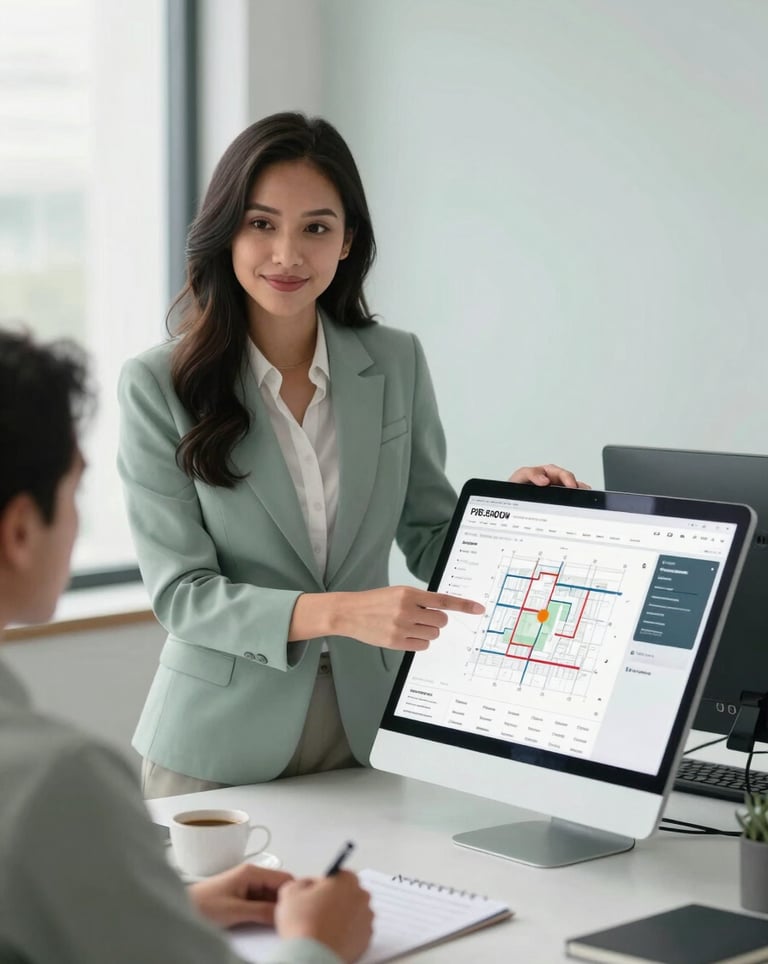 Professional real estate agent presenting a digital site plan to a client in a modern Southeast Asian / Indonesian office setting. Bright misty sage and pale mist color scheme.