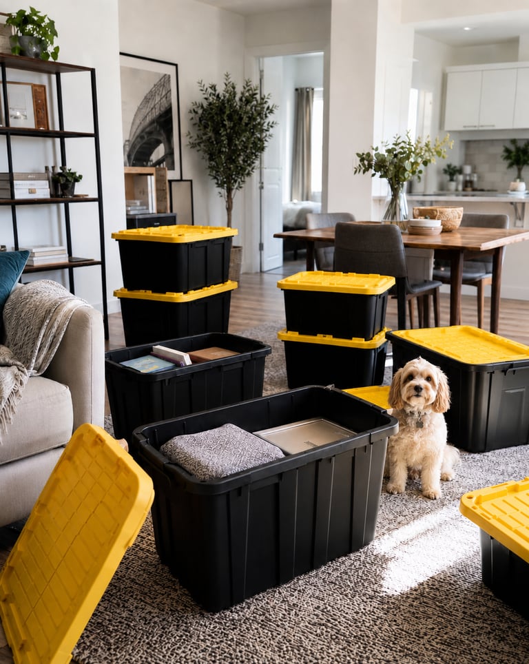 Small dog sitting beside black and yellow reusable moving totes in an apartment.