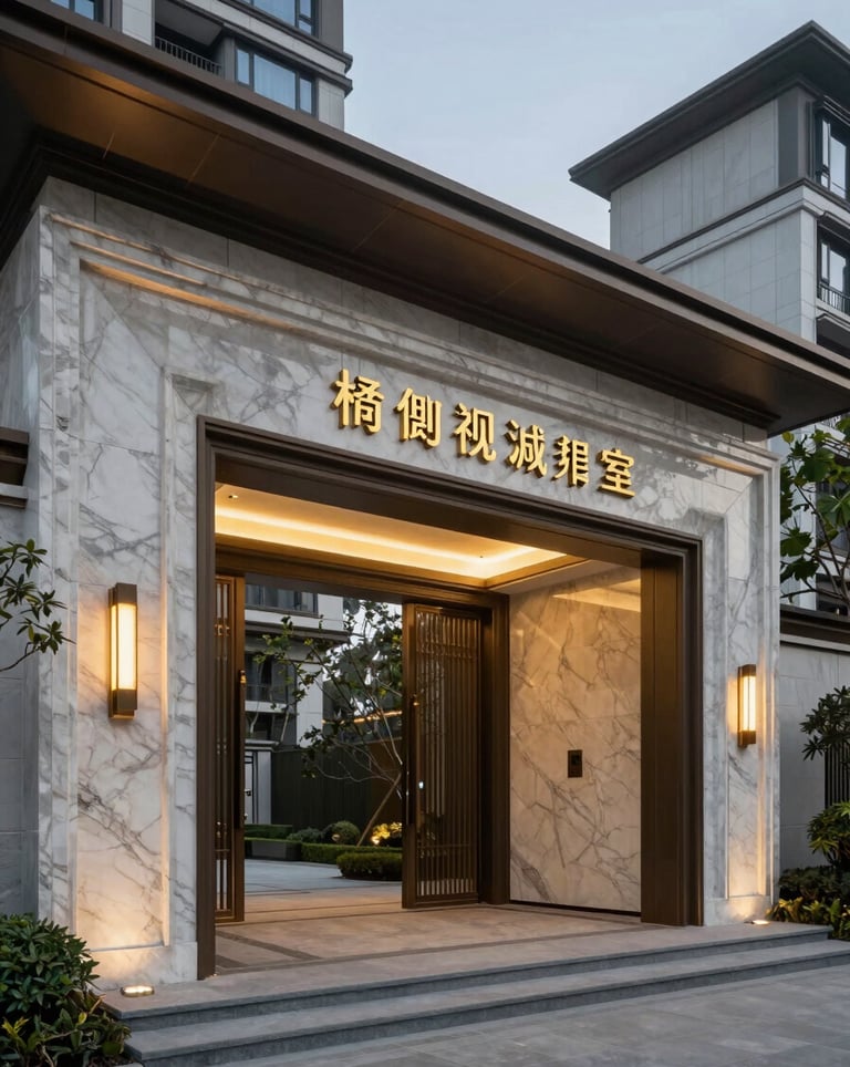 Photography of a grand marble-clad entrance of a five-star residential project in Gurugram. A gold-lettered sign indicates a premium builder's name. The scene is illuminated by warm evening lights, projecting an aura of safety and extreme exclusivity.