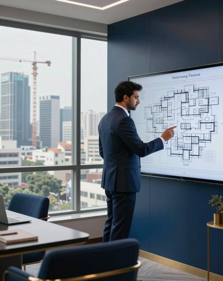 An interior shot of a sophisticated real estate consulting office in Gurgaon. A large window overlooks the city's skyline with high-rise cranes in the distance. The office is decorated with navy blue furniture and gold accents. A South Asian man in a sharp suit is reviewing blueprints on a large digital screen.