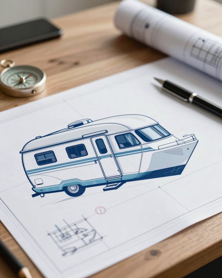 An artistic shot of a drafting table with blueprints for a custom caravan and a yacht, alongside a compass and high-quality materials. The color palette emphasizes #1C3A3B and #A8C6C5.