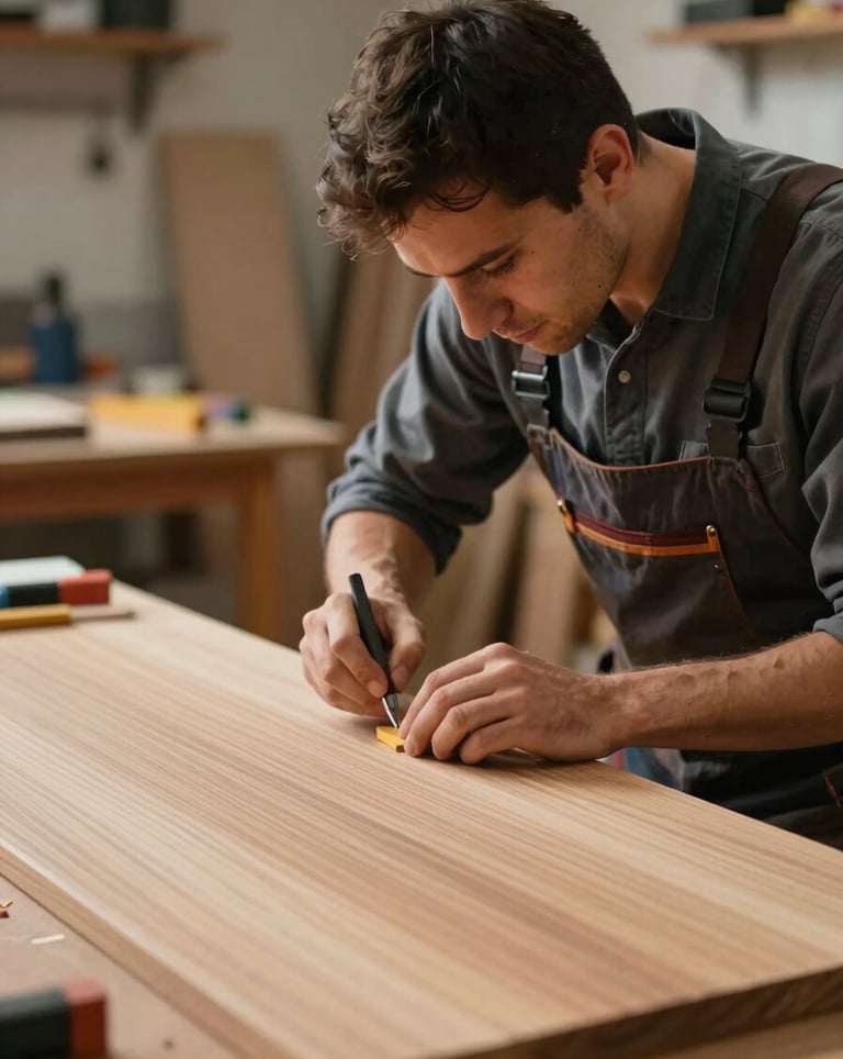 A professional craftsman working on a bespoke wood interior panel in a workshop, focusing on the precision of the work. The lighting is focused and warm, with brand colors subtly present in the workshop gear.