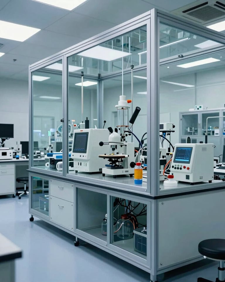 Interior shot of a high-tech energy research laboratory in the US, with clean glass surfaces and advanced scientific equipment, bright cool lighting, reflecting innovation.