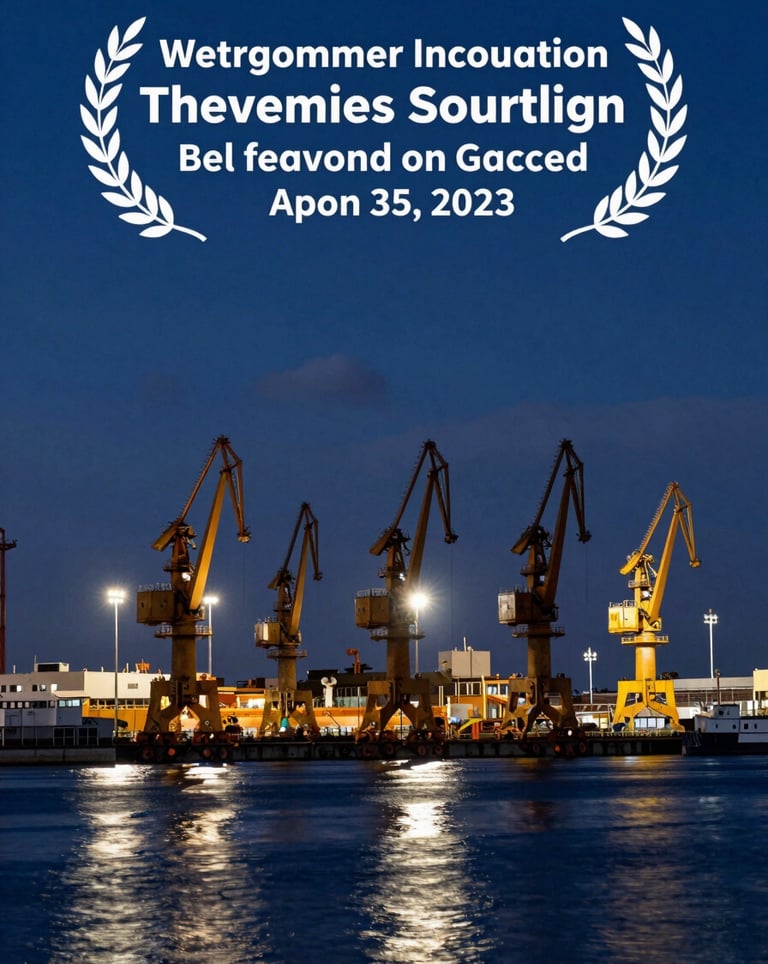 A panoramic photograph of the shipyard cranes standing tall against a deep dark navy blue twilight sky, with shimmering cloud white lights reflecting on the water.