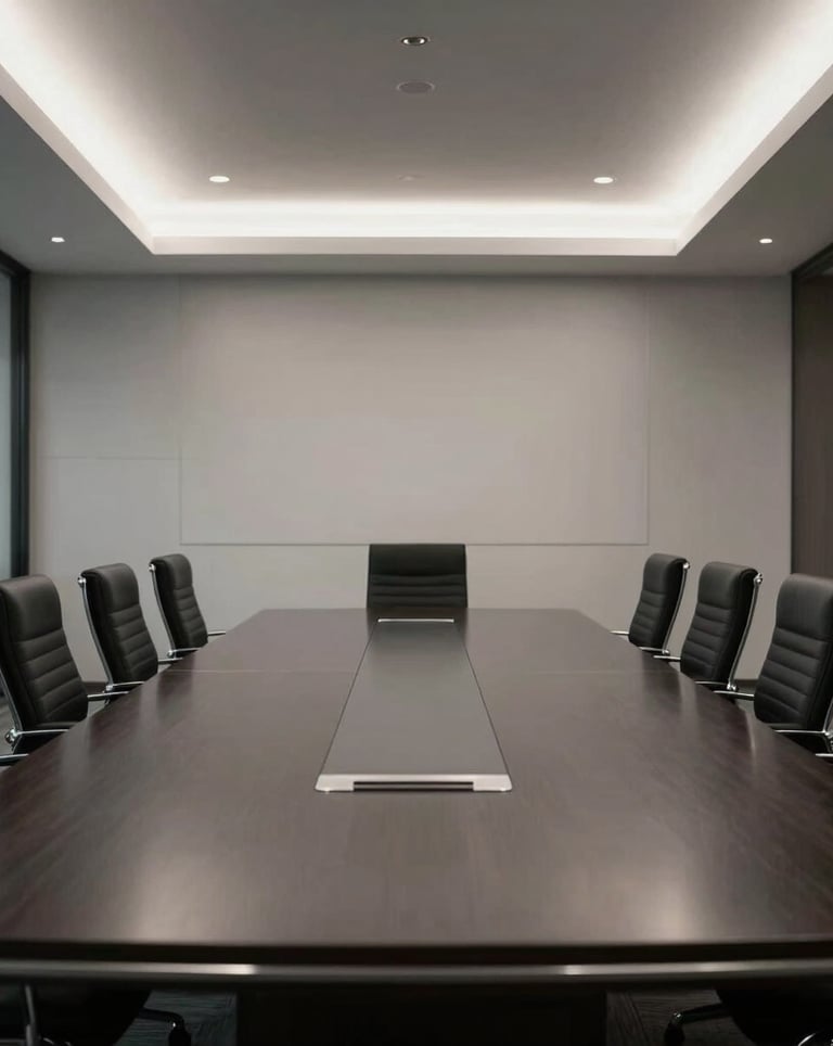 An interior shot of a sophisticated North American boardroom. A long, dark charcoal table reflects the soft silver lighting from the ceiling. The aesthetic is minimal, clean, and projects corporate authority.