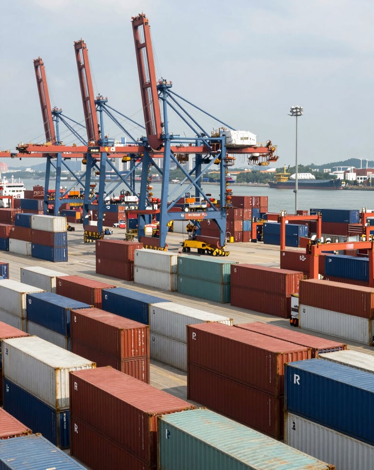 A wide photography shot of a bustling, modern container terminal in Southeast Asia, highlighting the scale of commodity trade and logistics in Global Emerging Markets.