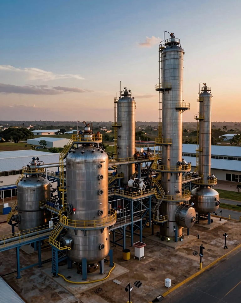 A high-angle view of a sophisticated industrial processing facility in Africa at sunset, with warm lighting and deep blue shadows, showcasing real economy infrastructure.