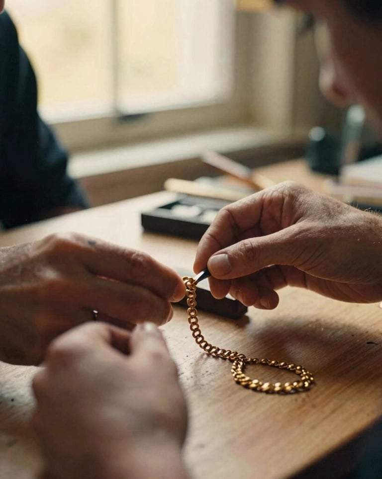 Close-up of artisan hands carefully polishing a vintage gold necklace on a wooden workbench, warm golden-hour window light, rich ivory and deep black tones, shallow depth of field, 35mm film
