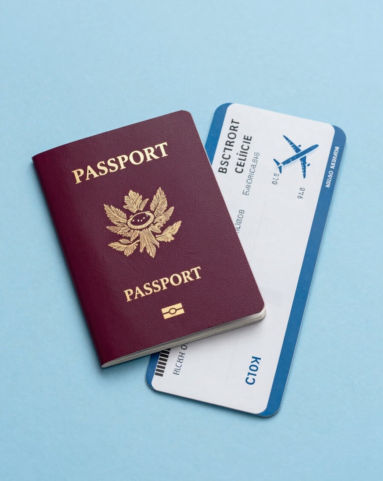 A clean, studio shot of a passport and an airplane ticket resting on a minimalist sky blue background. Bright and airy lighting.