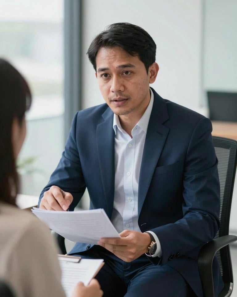 A professional Southeast Asian / Indonesian consultant in a navy suit, sitting in a bright, modern office, discussing documents with a client.