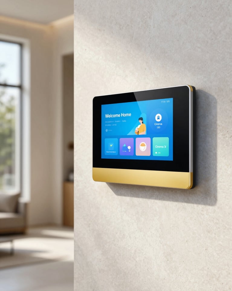 An elegant wall-mounted smart touch panel in a sunlit villa hallway. The screen displays an intuitive UI with 'Welcome Home' and 'Cinema' scenes. The panel bezel is a polished energetic gold (#A8875D) against white stone.