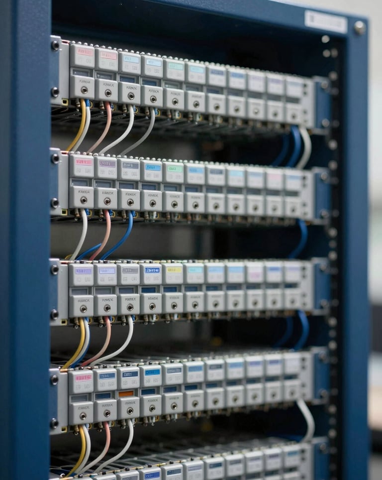 A professional integration rack showing meticulously wired KNX and Zigbee modules. The engineering is clean and aesthetic, reflecting high-end B2B solutions with professional blue (#0F1A2B) casing.