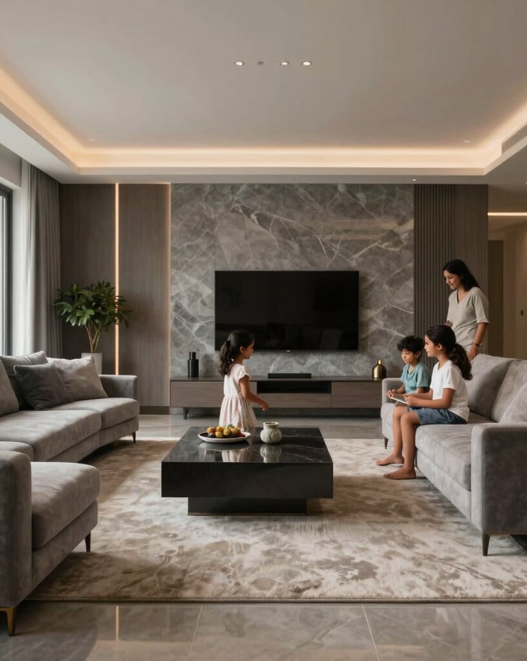 An elegant living area of a modern South Asian home, a family interacting in the background, sophisticated cloud grey and warm sand color palette.